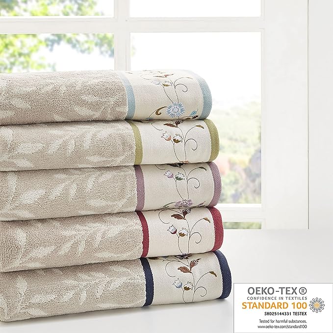Madison Park Serene 100% Cotton Bath Towel Set Luxurious Floral Decorative - Image 6