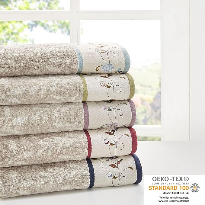 Madison Park Serene 100% Cotton Bath Towel Set Luxurious Floral Decorative - Image 6