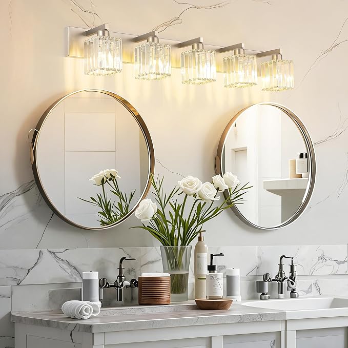 Aipsun Brushed Nickel Bathroom Lighting Fixtures 5 Light Vanity Light Crystal - Image 7