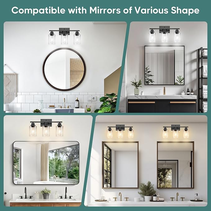 Ascher Bathroom Light Fixtures, 3-Light Vanity Light Over Mirror, Matte Black - Image 9
