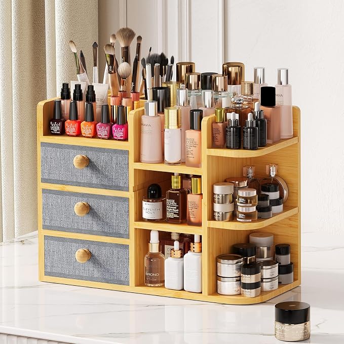 Large Makeup Organizer For Vanity, Large Capacity 3 Tiers Bamboo Bathroom by X-cosrack