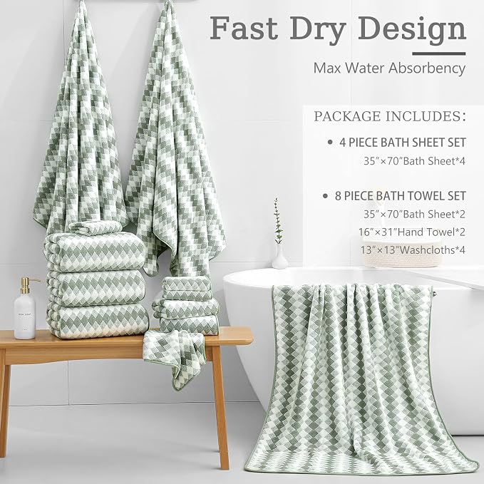 8 Piece Bathroom Towel Set Green |2 Oversized Large Bath Towels Sheet, 2 Hand - Image 4