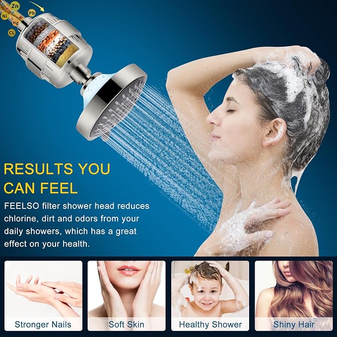 Shower Head and 15 Stage Shower Filter Combo, FEELSO High Pressure 5 Spray - Image 3