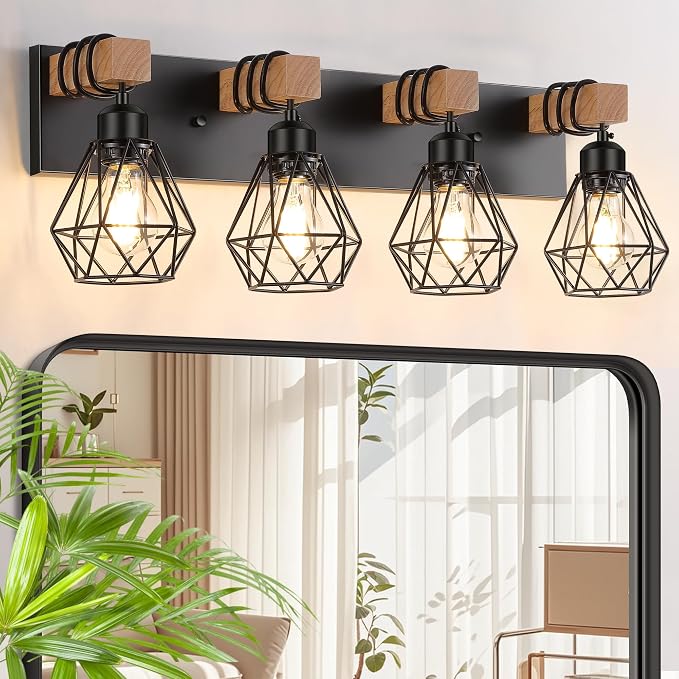 FadimiKoo 4-Light Farmhouse Bathroom Light Fixtures Over Mirror, Rustic Wood by FadimiKoo