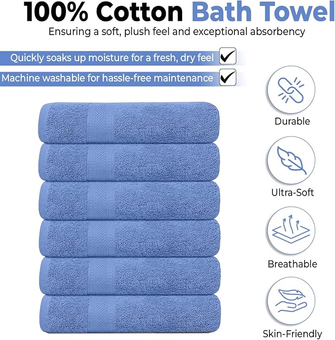 KAHAF COLLECTION 6 Pack Bath Towels Set 100% Ring Spun Cotton, Lightweight - Image 2