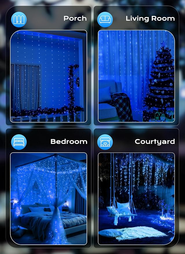 Brightown 300 LED Blue Fairy Curtain Lights, 9.8ft x 9.8ft String Lights - Image 7