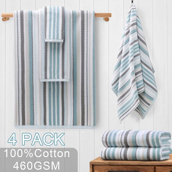 VOOVA & MOVAS Bathroom & Guest Room Aqua Striped Bath Towels - Image 4