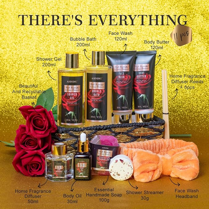 Luxury 14 pcs Cherry Blossom & Rose Bath and Body Basket Gift, Face Skin Care - Image 2