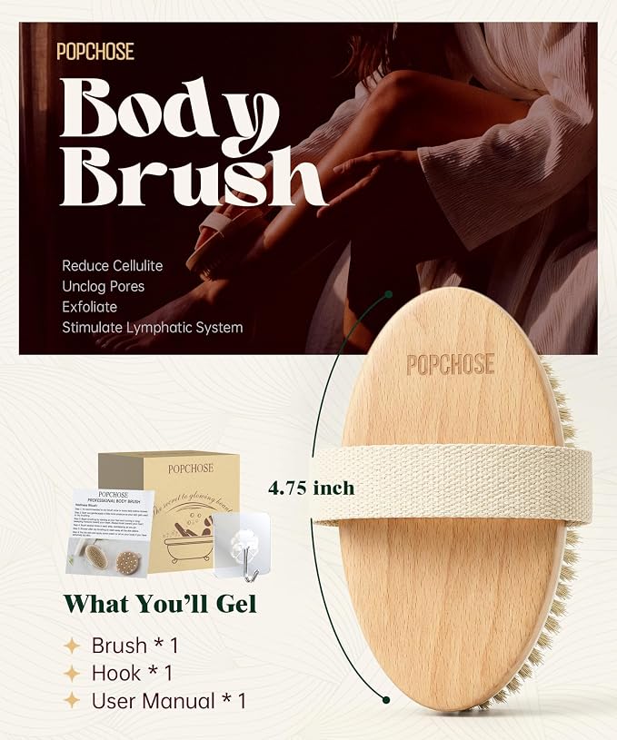 POPCHOSE Dry Brushing Body Brush, Natural Bristle Dry Skin Exfoliating Brush - Image 4