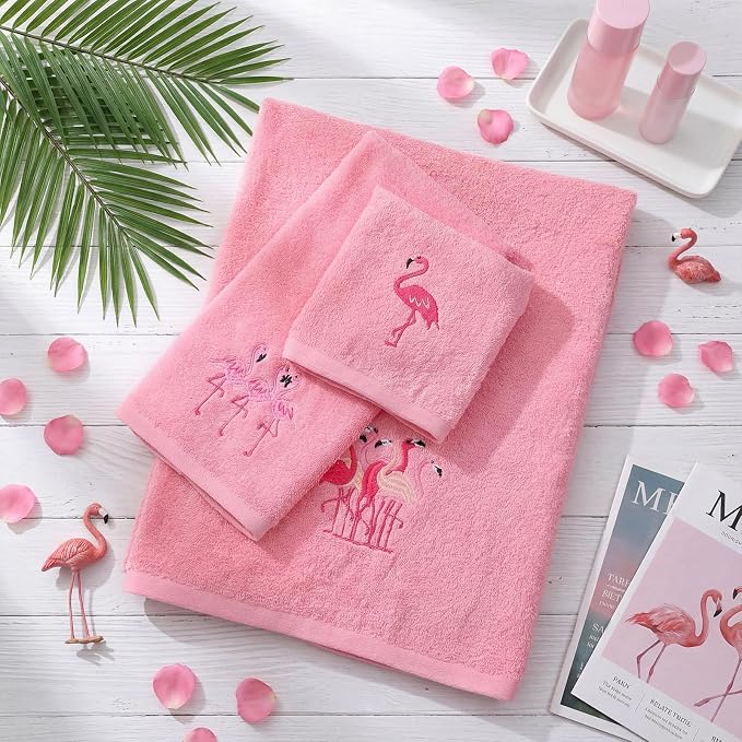 3 Pcs Flamingo Bathroom Towel Set Farmhouse Embroidered Flamingo Towels Vintage - Image 6