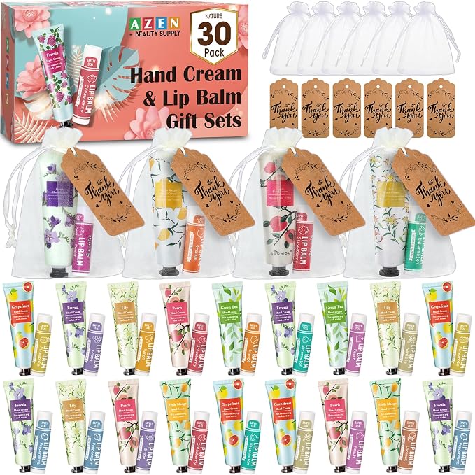 AZEN 30 Sets Bulk Gifts, Hand Cream and Lip Balm Bulk Set by AZEN