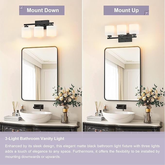 Honesorn Bathroom Light Fixtures Black, 3-Light Bathroom Vanity Light Over - Image 4