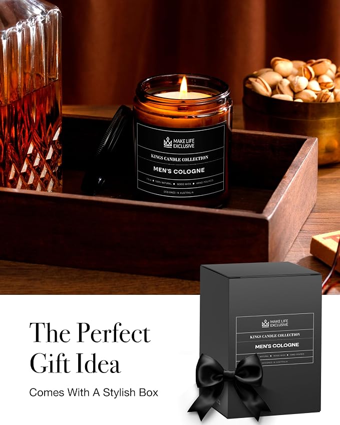 Scented Candles for Men | Men's Cologne, Amber Sandalwood Scent | Wooden Wick - Image 4