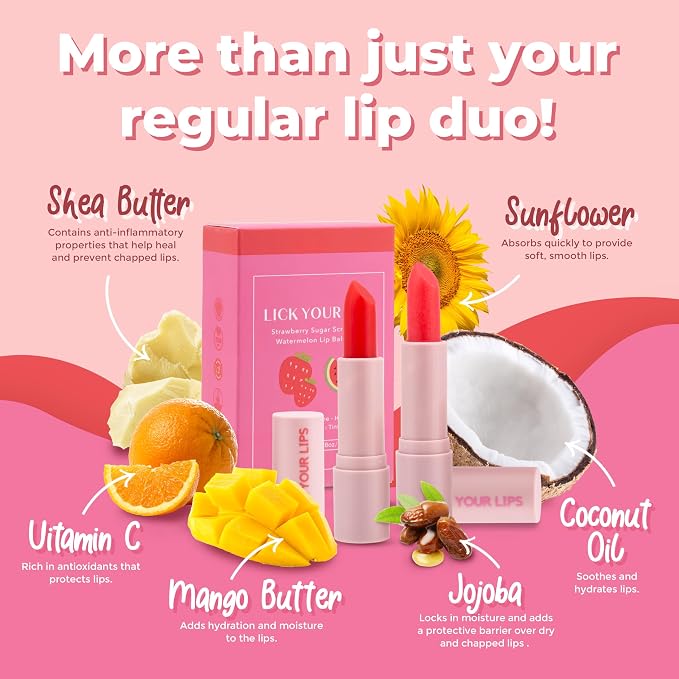 Watermelon Tinted Lip Balm and Strawberry Sugar Lip Scrub Stick Duo - Image 3
