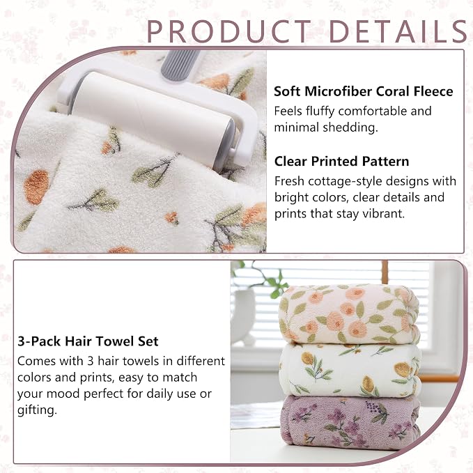 3 PCS Hair Towel Wrap Cute Pastel Floral Print Microfiber Fleece Hair Drying - Image 5