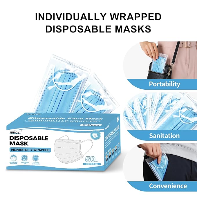 50pcs Individually Wrapped Masks, 3 Ply Breathable Face Mask - Image 2