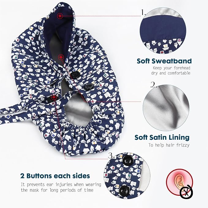 Satin Lined Scrub Caps with Buttons & Sweathand, Surgical Caps - Image 2