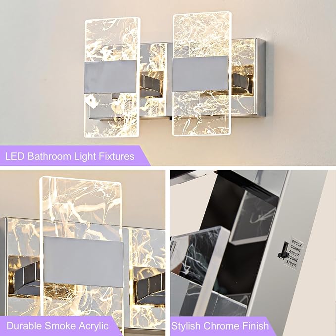 Modern LED Bathroom Light Fixtures Dimmable 2-Light Chrome Vanity Light - Image 6