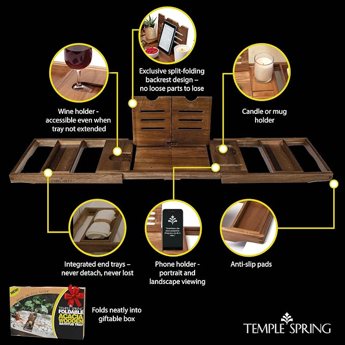 Temple Spring Foldable Bathtub Tray, Unique Design Selfcare Bathroom Caddy - Image 4