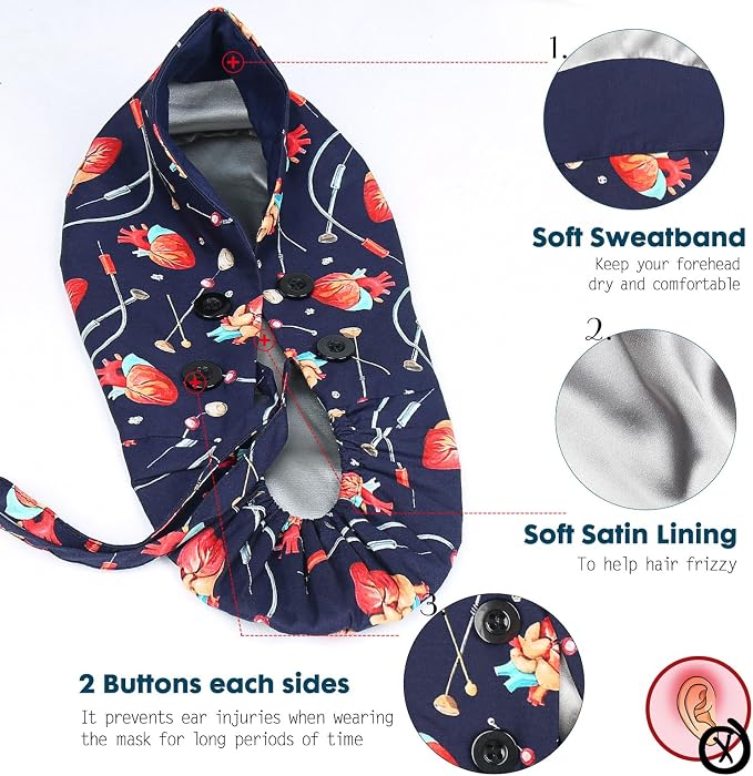 Satin Lined Scrub Caps with Buttons & Sweathand, Surgical Caps - Image 3