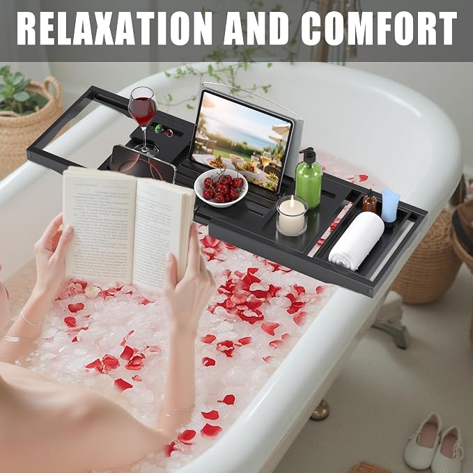 Foldable Bathtub Caddy Tray for Tub, Bamboo Expandable Bath Table Trays - Image 4