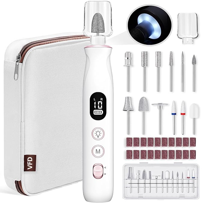 Electric Nail Drill, Cordless 2000 mAh Rechargeable Portable Nail File 12 in 1 by VFD