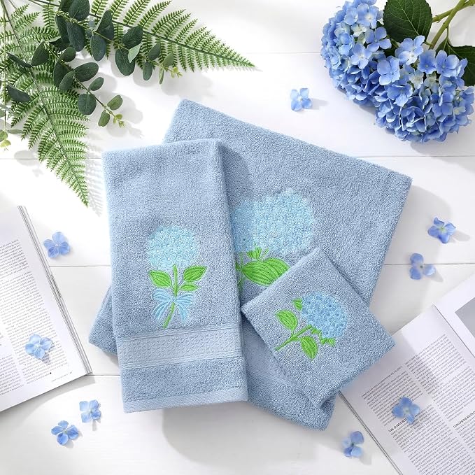 3 Pcs Hydrangea Floral Bathroom Towel Set Farmhouse Embroidered Hydrangea - Image 3