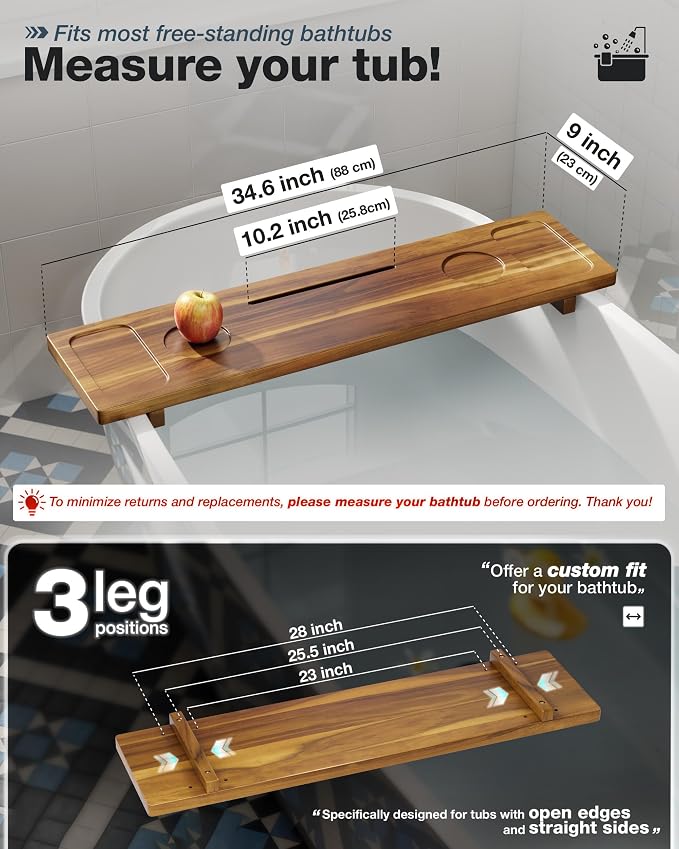 Bathtub Tray, Acacia Bath Tray for Tub, 34.6''x9'' Wooden Bathtub Caddy Tray - Image 3
