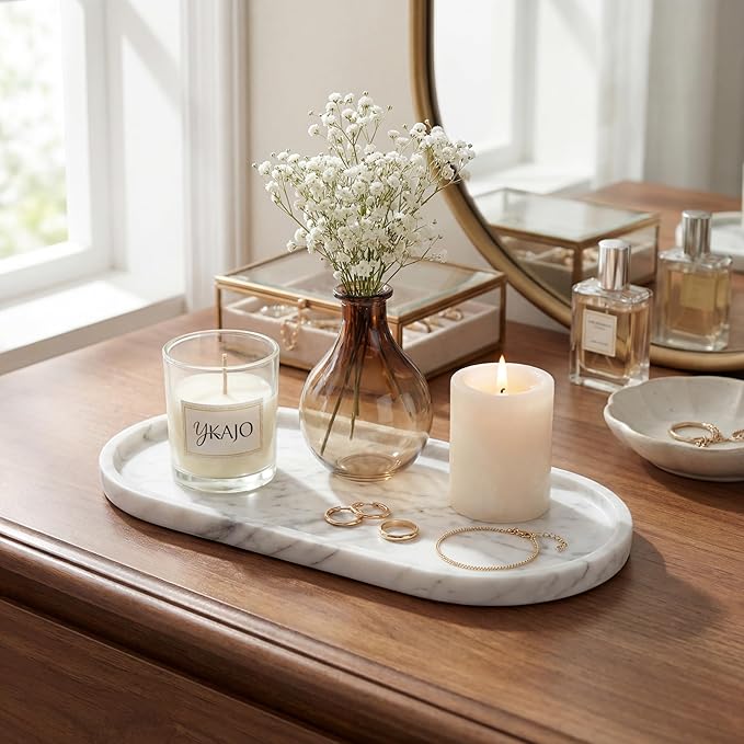 YKAJO Oval Real Marble Tray for Bathroom Kitchen Counter Stone Decorative - Image 6