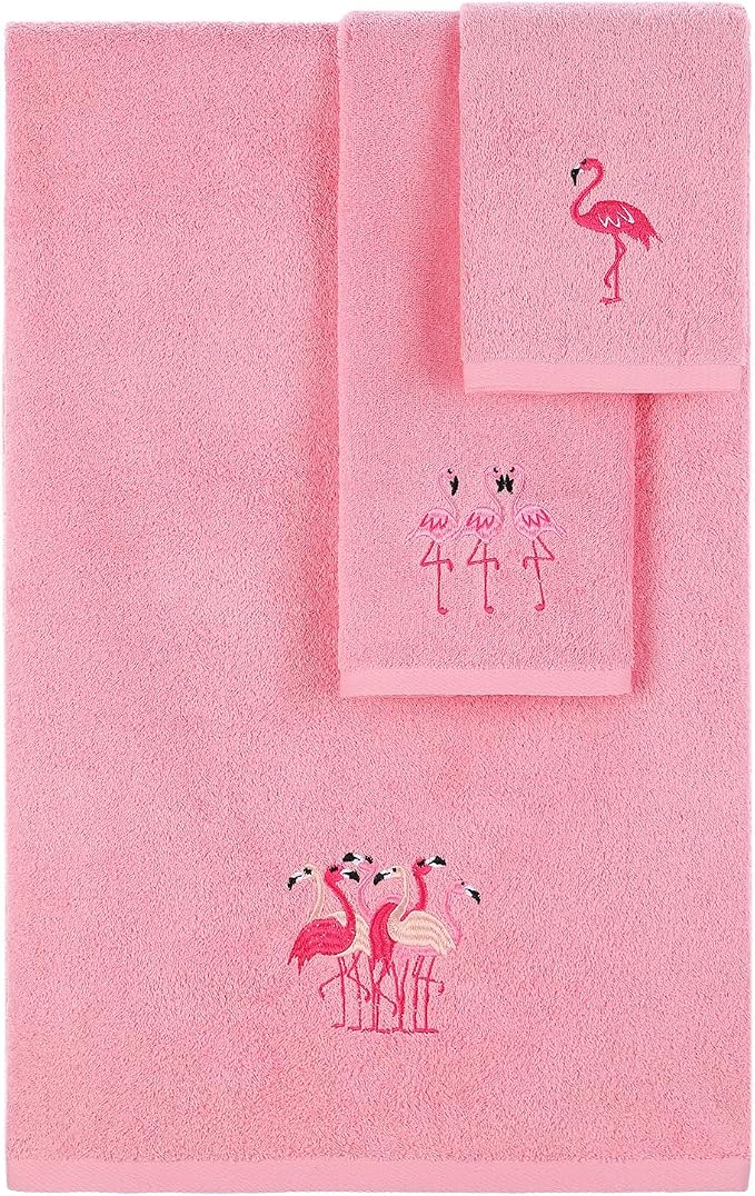 3 Pcs Flamingo Bathroom Towel Set Farmhouse Embroidered Flamingo Towels Vintage by Unknown