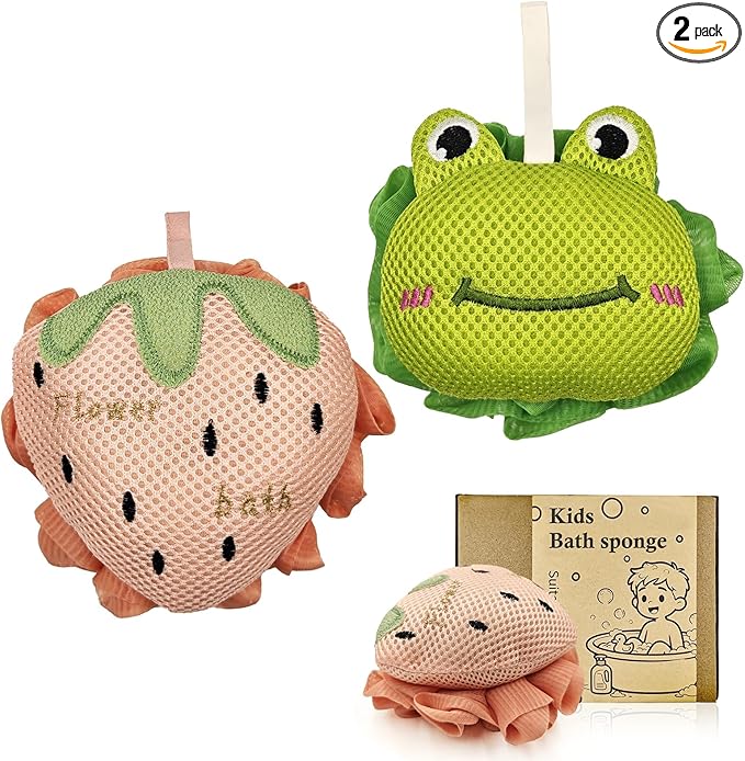 Kids Bath Sponge, Cute Kids Loofah Frog&Strawberry Shower Pouf, Soft Mesh Bath by Unknown