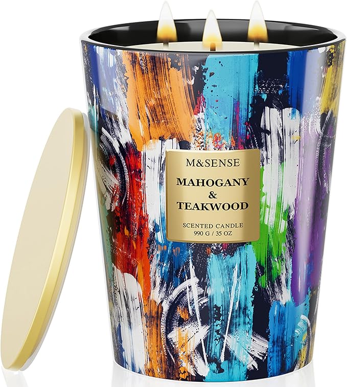 M&SENSE Large 3-Wick Teakwood Scented Soy Candle, 35oz 150 Hours Clean Burning by MSENSE