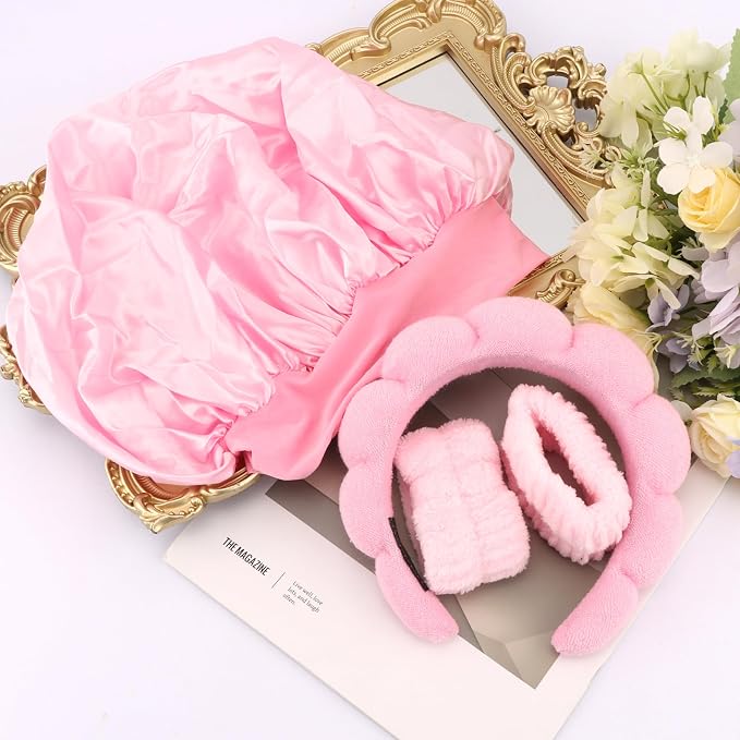Pink Headband Hair Bonnet For Sleeping Shower Cap For Women Reusable Waterproof - Image 5