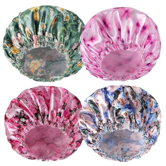 4 PCS Shower Caps for Women, Printing Bath Caps, Double Layers Shower Cap by CHFONGDIRECT