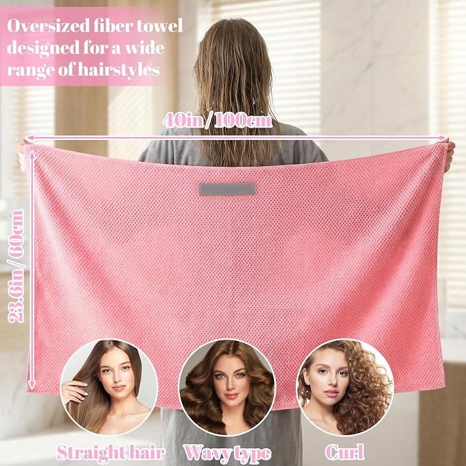 Pink Hair Towel, Large Quick Dry Microfiber Hair Towel Wrap Super Soft - Image 2