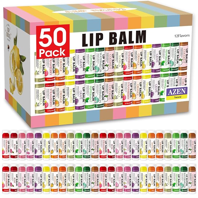 AZEN 50 Pack Lip Balm Bulk, Moisturizing Lip Balms by AZEN