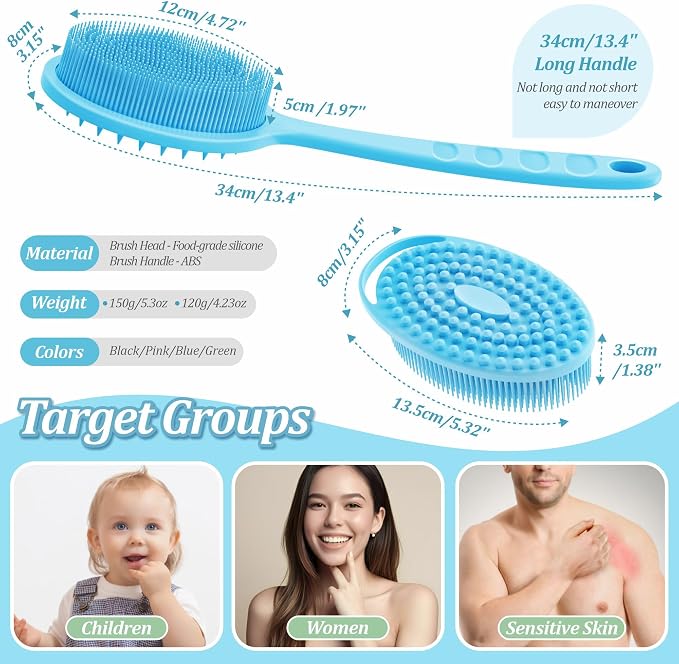 Silicone Back & Body Scrubber Set 2PCS, 13.4'' Gentle Exfoliating Back Scrubber - Image 2