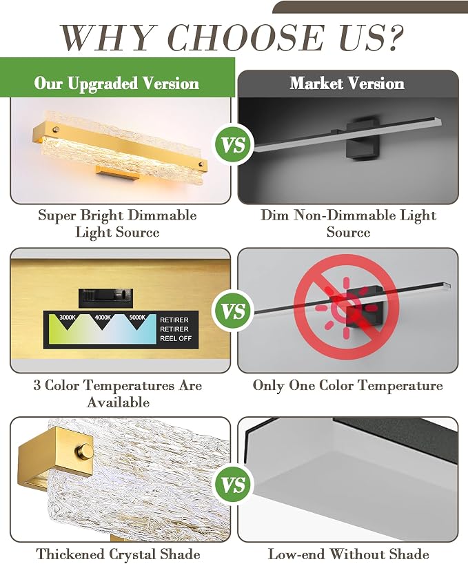 Brushed Gold LED Bathroom Vanity Light, 24.4 Inch 15W Modern Dimmable Bathroom - Image 3