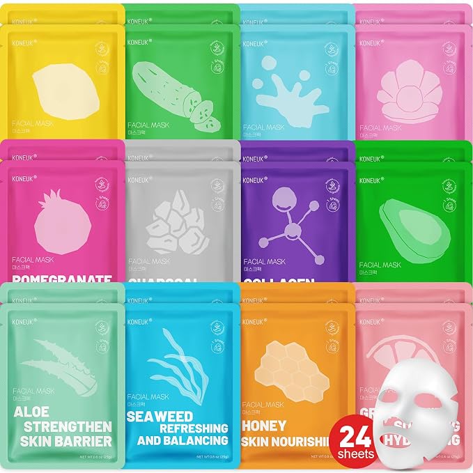 KONEUK 24 Pack Sheet Hydrating Face Masks Skincare, Soothing & Moisturizing by KONEUK