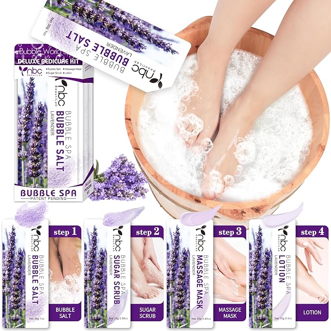 Pedicure Kit Foot Soak Set: Bubble Salt, Sugar Scrub, Massage Mask, Massage by nbcBeautiLab