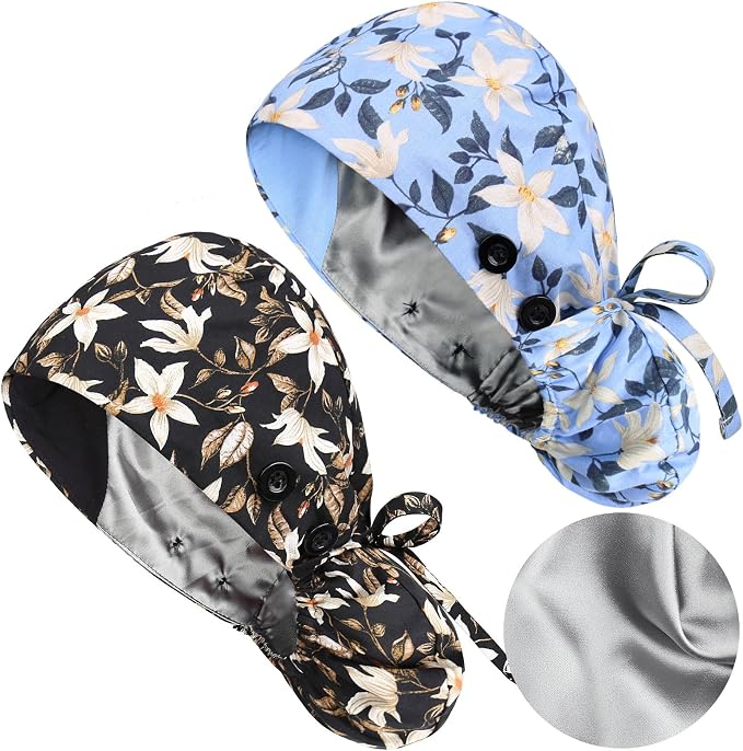 Satin Lined Scrub Caps with Buttons & Sweathand, Surgical Caps by Yuest