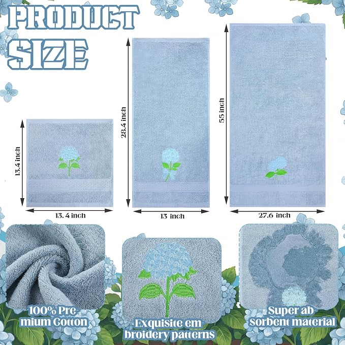 3 Pcs Hydrangea Floral Bathroom Towel Set Farmhouse Embroidered Hydrangea - Image 2