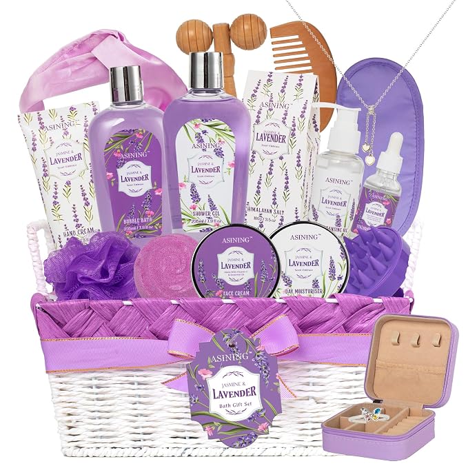 19-Pc Luxury Body Gift Set for Women, Lavender Bath and Body Gift Basket by ASINING