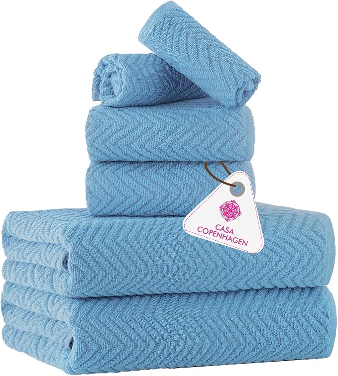 CASA COPENHAGEN Wave Textured 6 Pieces Towel Set- Dusty Blue, 550 GSM 2 Bath by CASACOPENHAGEN
