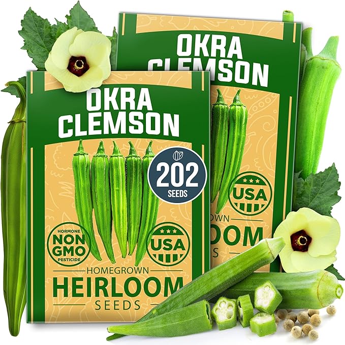 HOME GROWN Clemson Spineless Okra Seeds 202+ Heirloom Non-GMO Seeds by HOMEGROWN