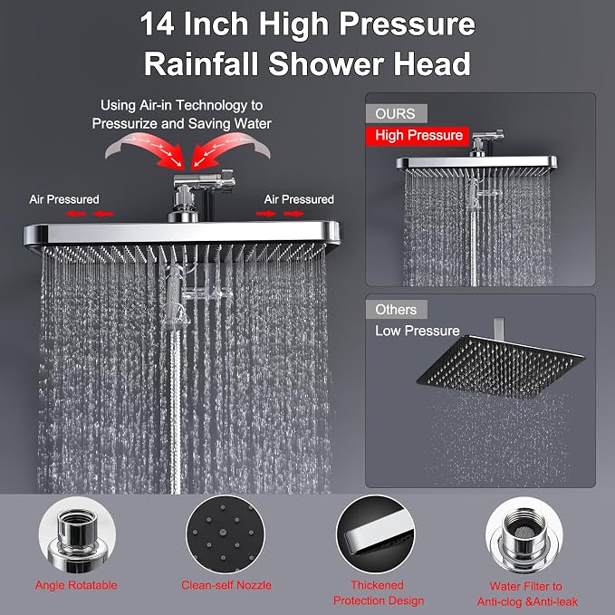 Dual shower Head with Handheld and Filter-14'' Rainfall ShowerHead, High - Image 4