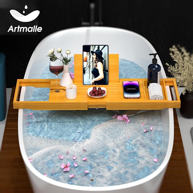 Artmalle Foldable Bathtub Tray for Tub, Bamboo Bathtub Caddy Tray Table - Image 7