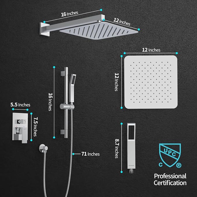 SR SUN RISE 12 Inch Slide Bar Shower System, Square Rain Shower Head and - Image 5