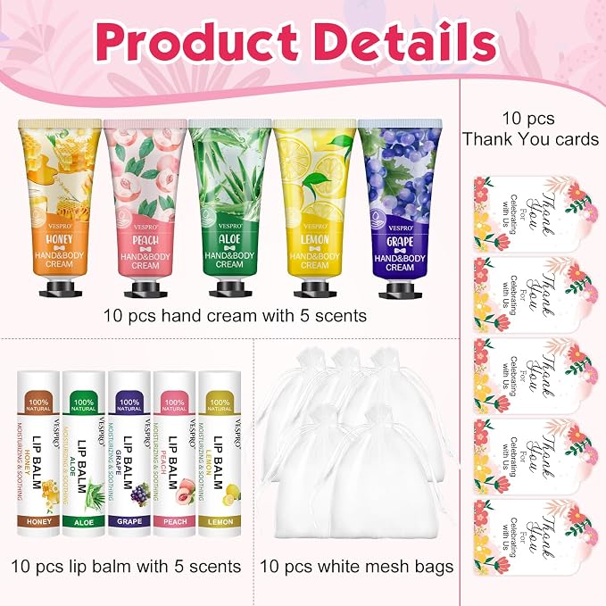 VESPRO 10 Pack Bulk Hand Cream and Lip Balm Sets, Mothers Day Gifts - Image 2