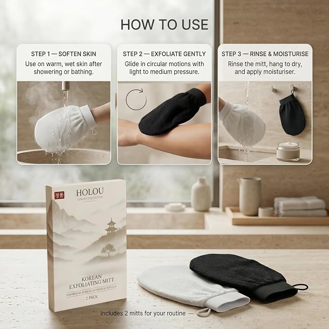 Korean Exfoliating Mitt & Exfoliating Glove 2 Pack – Dual Density Body Scrub - Image 5